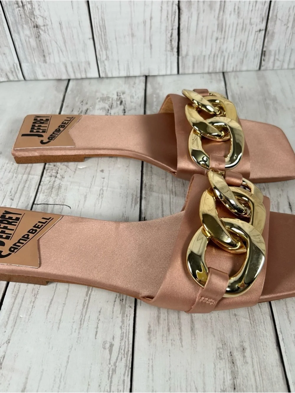 Jeffrey Campbell Park Chain Slide Flat Evening Sandals in Rose Gold Satin Size 8